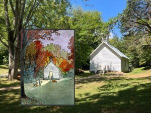 Daytime photograph of Oak Hill Schoolhouse with Pumpkin Night overlaid on the left, depicting the same building amid autumn trees with a glowing doorway, a child, and a dog.