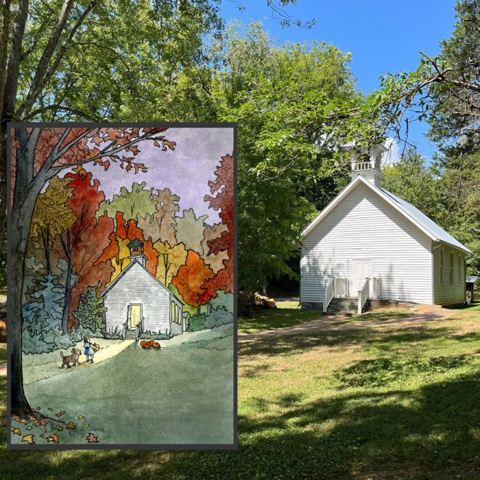 Daytime photograph of Oak Hill Schoolhouse with Pumpkin Night overlaid on the left, depicting the same building amid autumn trees with a glowing doorway, a child, and a dog.