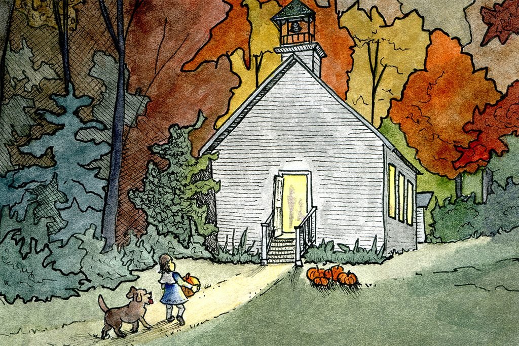 Detail of an ink and watercolor painting showing a child carrying a pumpkin toward a warmly lit schoolhouse, followed by a dog, with pumpkins beside the entrance.