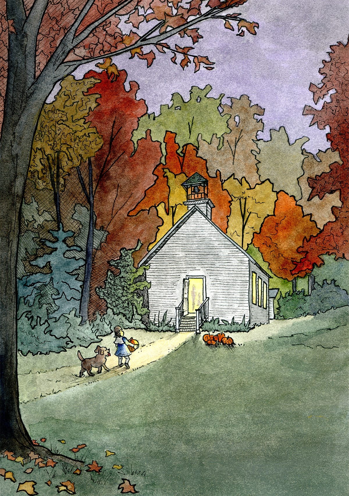 A colorful mixed media artwork depicting a historical schoolhouse at night. A child and dog walk to the yellow lit doorway.